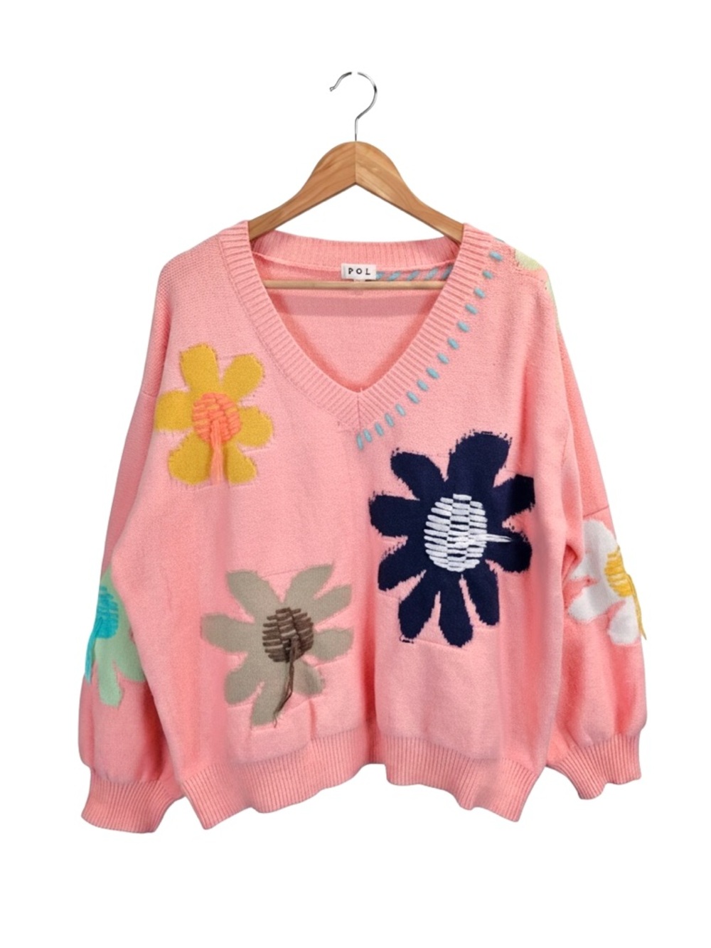 POL Oversized Pink Daisy Sweater V-Neck Floral Knit Retro Boho Cottagecore L
